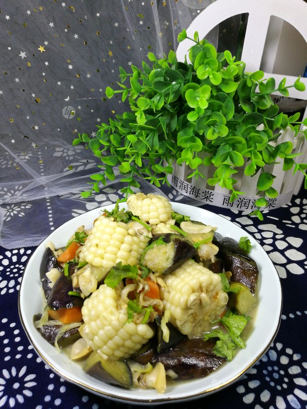 茄子花蜆子燴玉米的做法-家常味燴菜譜